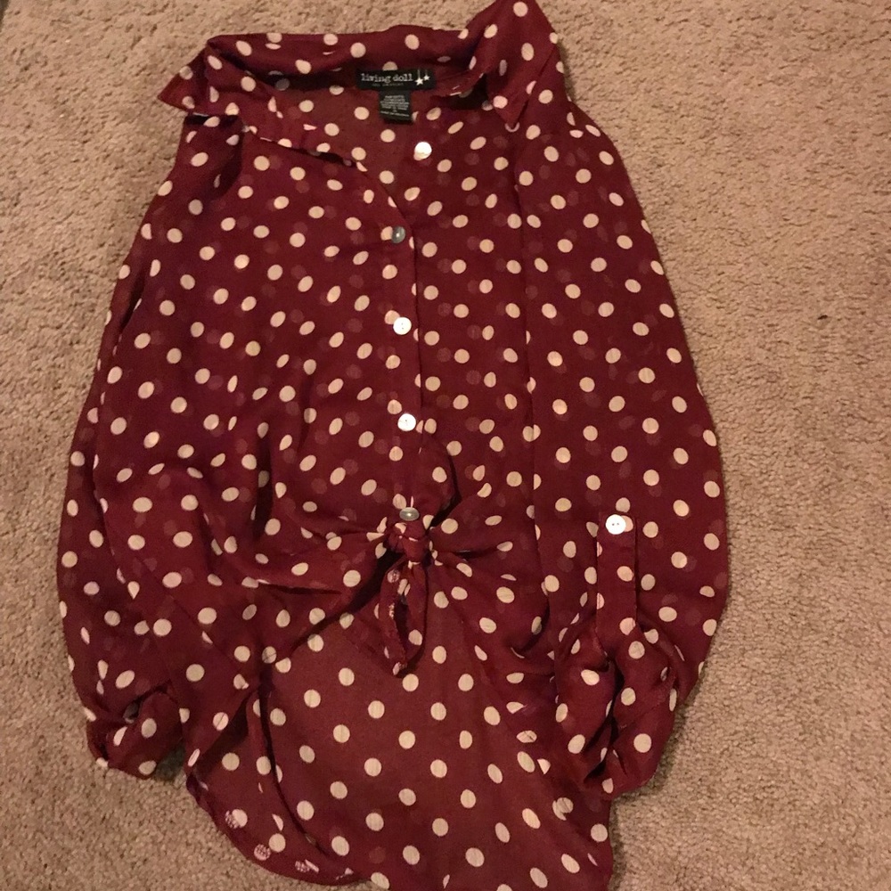 Sheer maroon & cream polka dotted button up